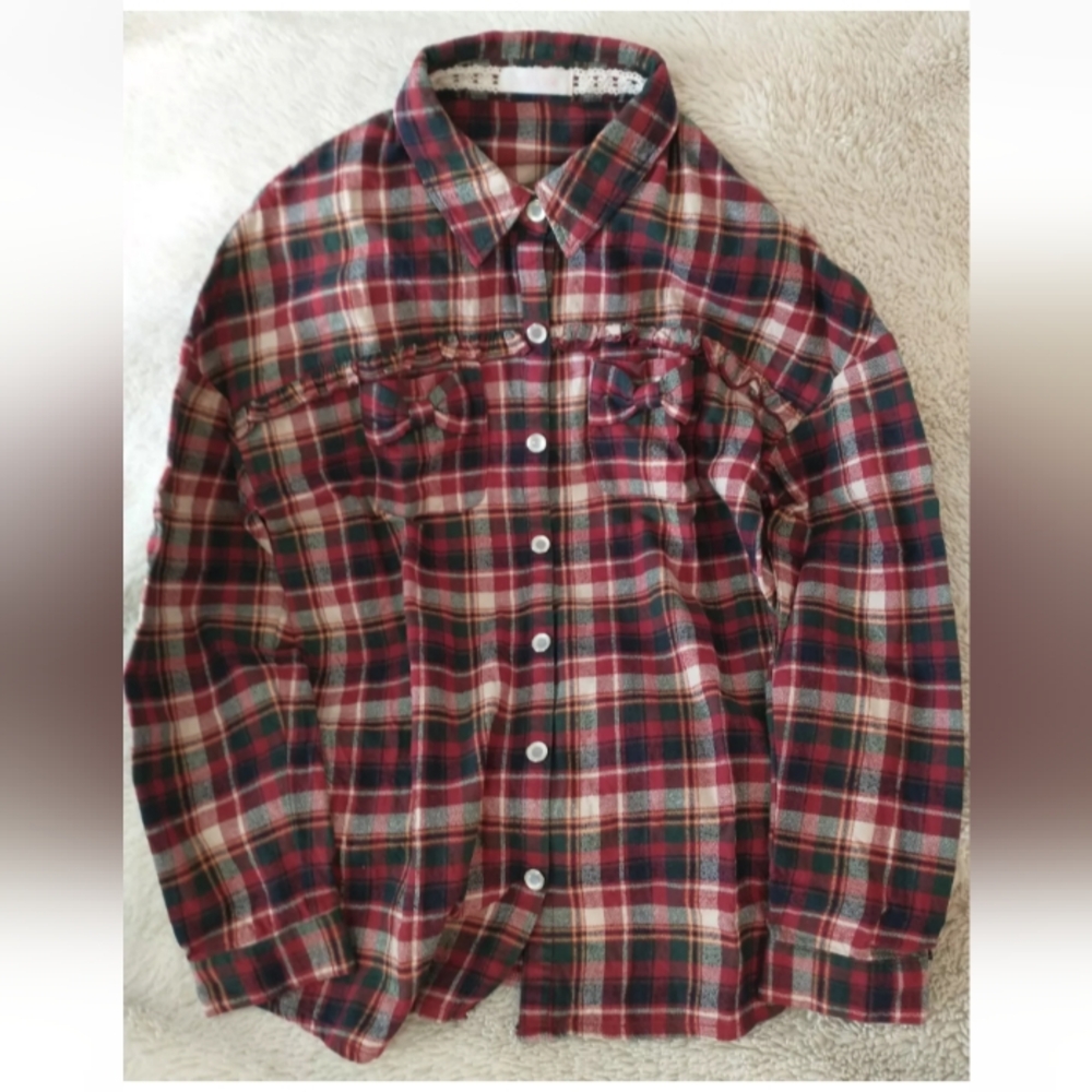 Liz Lisa, Button Up Plaid/Check Fleece Soft Shirt Size 0 Ruffles Bows